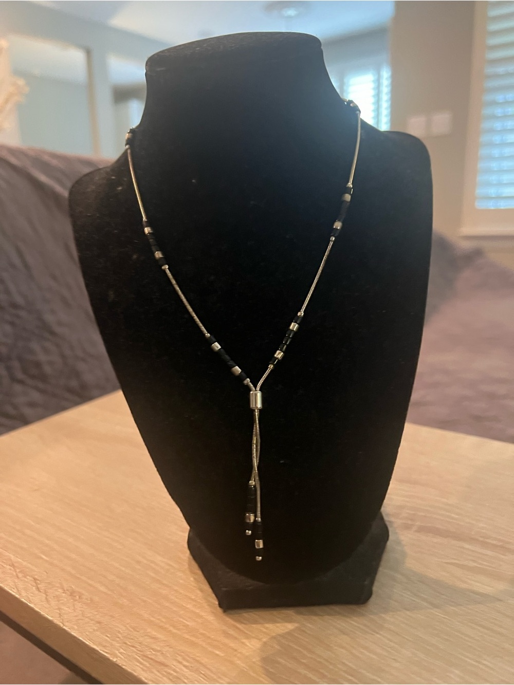 Adjustable Black and Silver Beaded Lariat Necklace